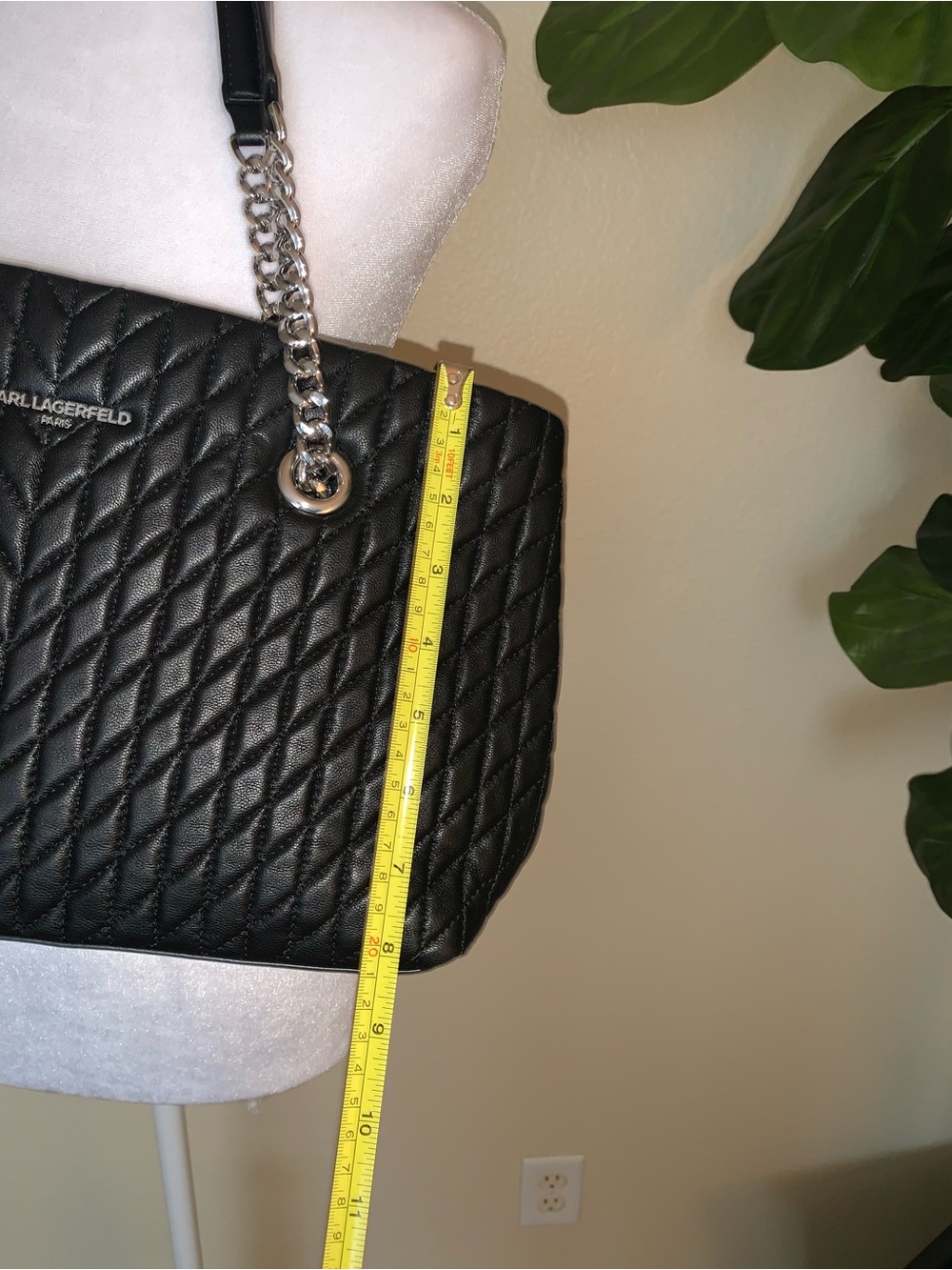 Karl Lagerfeld Black Quilted Chevron Tote with Chain Straps - Picture 7 of 16
